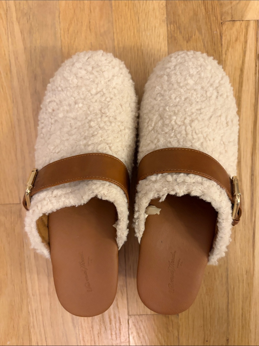 Universal Thread Cream Faux-Shearling Mules with Tan Leather Strap